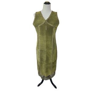 S.M.H. Boutique Patchwork Leather Olive Midi Dress Size 8